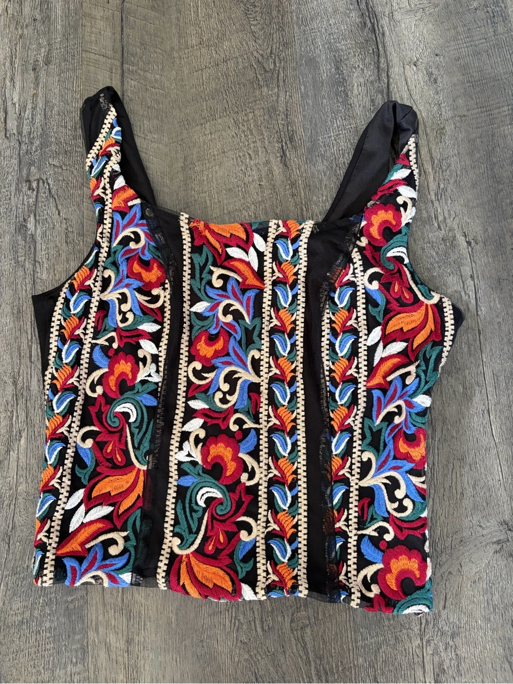 Eva Franco Black Crop Tank with Multicolor Floral Embroidery